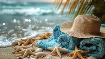 un elegante Paja sombrero emparejado con un vibrante azul bufanda descansa en un tejido frazada, sugerencia un relajante verano día. foto