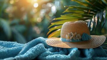 A stylish straw hat paired with a vibrant blue scarf rests on a woven blanket, suggesting a relaxing summer day. photo
