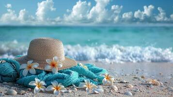 A stylish straw hat paired with a vibrant blue scarf rests on a woven blanket, suggesting a relaxing summer day. photo