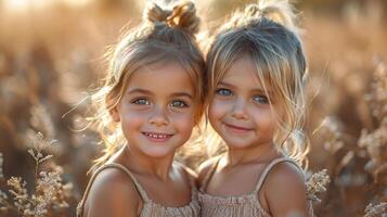 dos pequeño muchachas en pie en un campo de alto césped foto