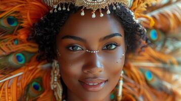 Woman Smiling in Colorful Headdress photo