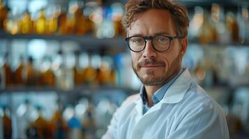 Man With Glasses Standing in Front of Bottles photo