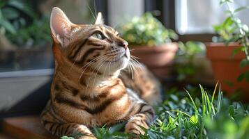 Cat Sitting in Grass Next to Bowl photo