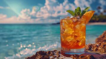 Glass of Orange Juice on Top of a Rock photo