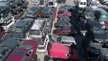 Aerial view of cars in car scrapyard video