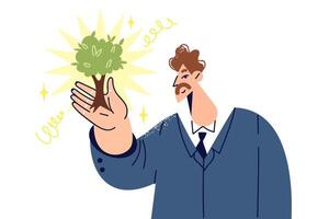 Business man with miniature tree symbolizing investment in future and concern for environment vector