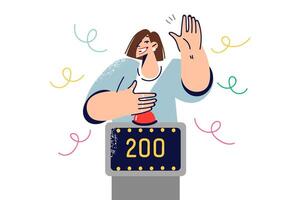 Woman participating in TV show with quiz game raises hand to press button, stands near point counter vector