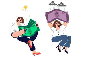 Two women with dollars and euros in hands exchange cash into currencies and get different results vector