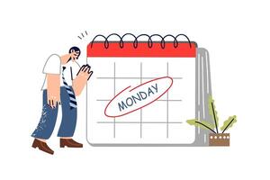 agotado hombre siente agotamiento en lunes, soportes cerca grande calendario y lo hace no querer a Vamos a trabajo vector