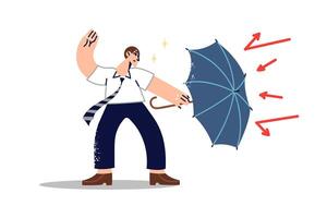 Challenge for business man using umbrella to ward off problems, that put company in danger vector