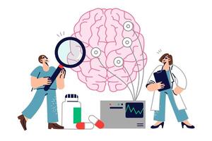 Two doctors study human brain by conducting neurological experiment and using eeg equipment vector