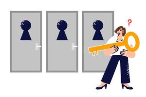 Woman makes choice, making difficult decision on path to success, stands with key near three doors vector