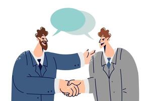 Handshakes of two white collar workers with dialogue clouds entering into partnership agreement vector