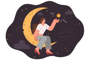 soñador Adolescente niña Sueños de sentado en Luna y participación estrella en mano, admirativo belleza de noche cielo vector