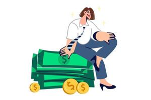 Rich woman sits on stack of money earned in business, and thinks about where to invest money vector