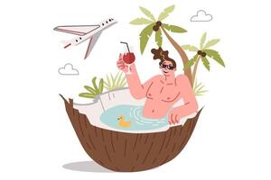 Man tourist swims in pool, getting lying in large coconut under palm tree and flying plane vector