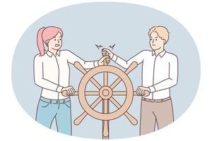 Colleagues steer ship wheel in different directions vector