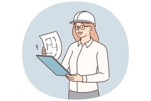 Female engineer with blueprint at site vector