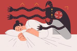 Nightmare of frightened woman lying in bed and feeling attack of multi-armed monster vector