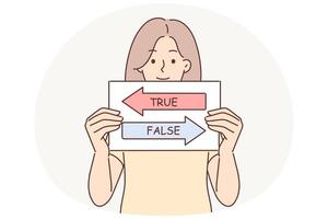 True and false sign in hands woman calling to make decision and make right choice from two options vector