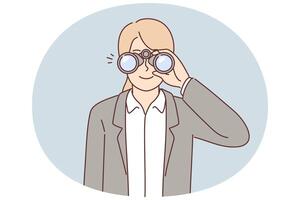 Woman recruiter use binoculars to search for suitable candidates for vacancy in company vector