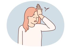 Woman makes gesture with facepalm putting palm to forehead, having learned about mistake made vector