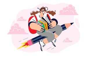 Schoolgirl with textbooks flies on pencil across sky and smiles, enjoying receiving education vector