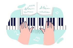 Hands of composer playing piano and learning notes for performance at instrumental music concert vector