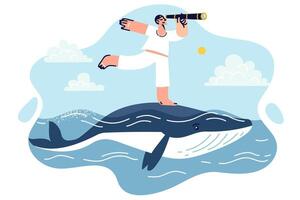 Traveler is looking for adventures by crossing sea on huge whale, and holding spyglass in hand vector