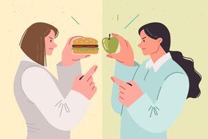 Dispute over choosing right diet between two women holding burger and apple to satisfy hunger vector