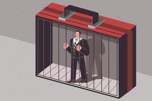 Man office clerk locked in cage, shaped like business suitcase, as metaphor for corporate pressure vector