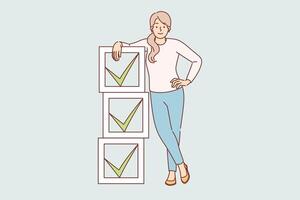 Woman stands near checkboxes with ticks symbolizing task management to increase productivity vector