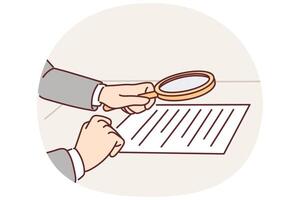 Lawyer hands with magnifying glass over contract for concept of checking documents for errors vector