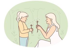 Mom and little daughter are holding dandelions, rejoicing at onset of spring and good hot weather vector