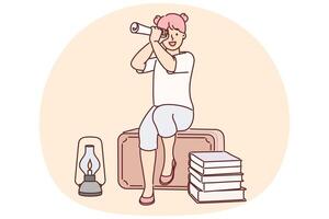 Funny little adventurer girl wants to go on long journey using piece of paper instead of telescope vector