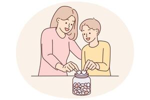 Mom and son together throw coins into moneybox, wanting to save up money for cherished wish vector