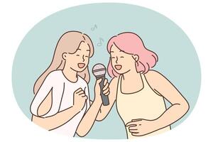 dos mujer canta canción en karaoke a casa fiesta. yo obtener positivo emociones desde musical ocio vector