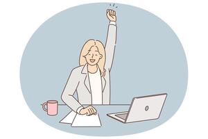 Successful woman manager celebrates victory and raises hand up sitting at table with laptop vector