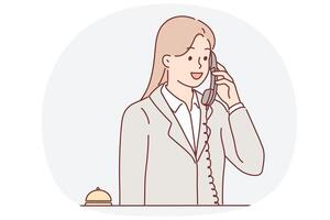 Receptionist woman talking on phone answering customer call with request to send maid or waiter vector