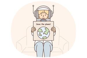 Woman in astronaut space suit holds poster calling for saving planet and taking care environment vector