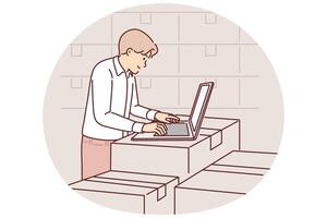 Man with laptop works in warehouse, standing near boxes, auditing availability of goods in storage vector