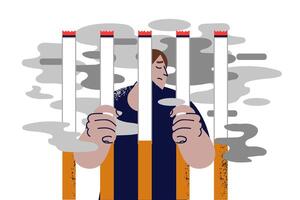 Man addicted to smoking tobacco is locked behind bars of cigarettes, demonstrating powerlessness vector