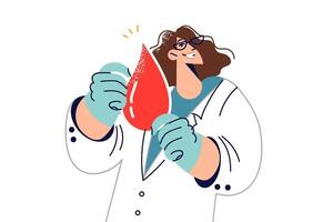 Woman doctor calls to become donor and holds large drop blood, working in laboratory analyzing DNA vector