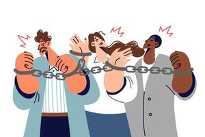 Business people bound by slave contracts experience discomfort due to handcuffs on hands vector