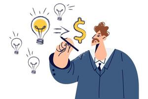 Man draws business plan with ideas for money making and attracting additional investments vector