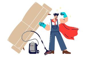 Man janitor superhero demonstrates strength by lifting heavy sofa, standing next to vacuum cleaner vector