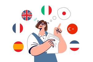 Woman translator calls for learning different languages, standing among national flags vector