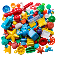 une collection de coloré Plastique jouets comprenant un cette a une bleu et rouge Couleur ai-génératif png