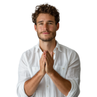jovem homem dentro branco camisa com mãos dentro oração posição png