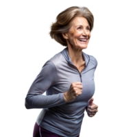 An older woman running in front of a transparent background, displaying her active and energetic lifestyle. png